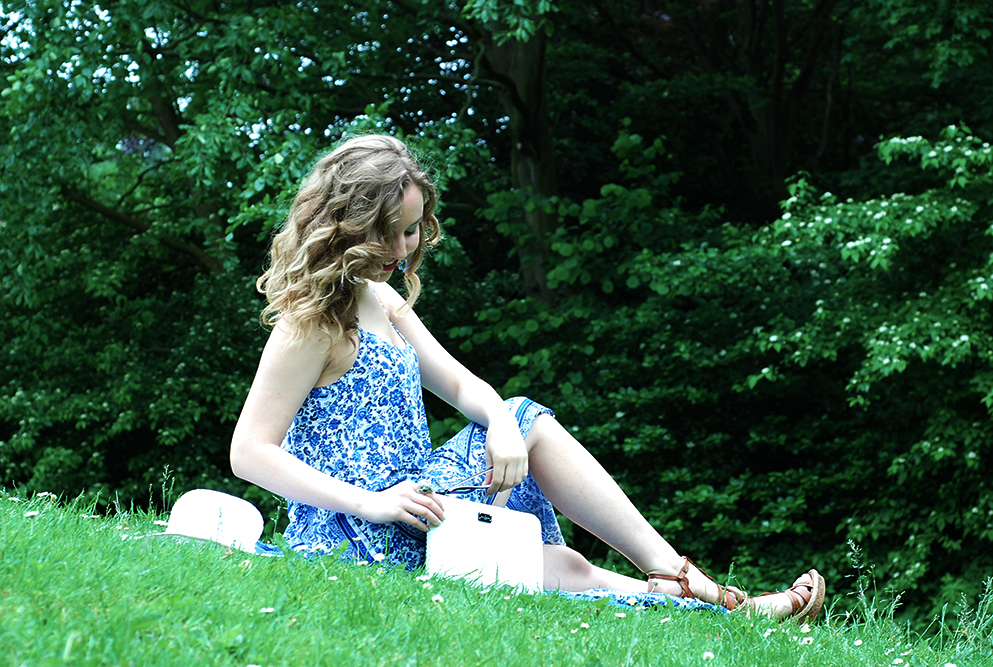 Green grass Blue dress
